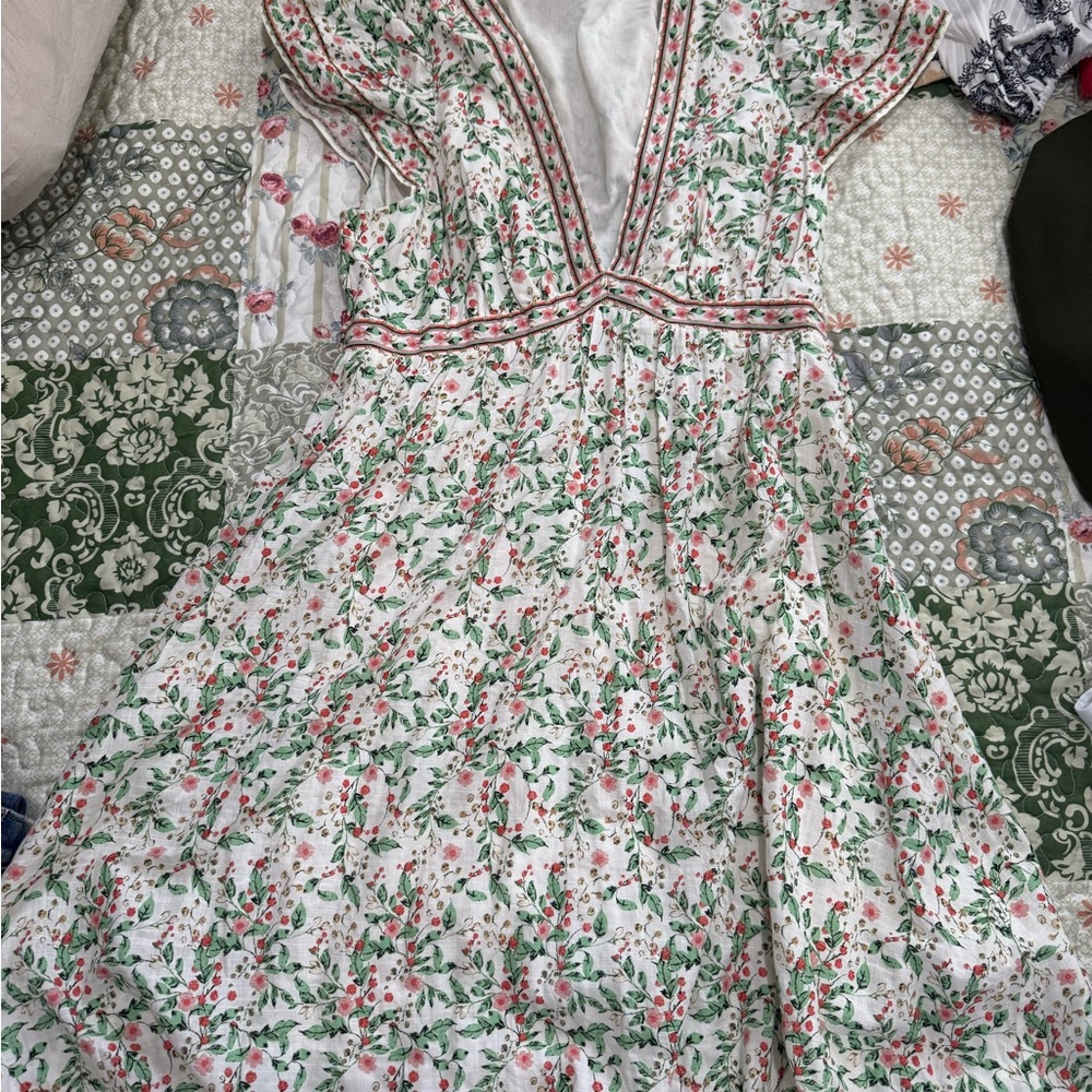 Floral V-Neck Dress - Green and Red